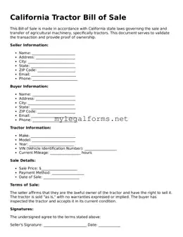 Tractor Bill of Sale Document for California State