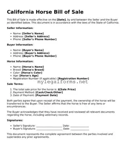 Horse Bill of Sale Document for California State