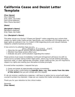 Cease and Desist Letter Document for California State