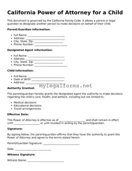 Power of Attorney for a Child Document for California State