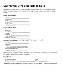 Dirt Bike Bill of Sale Document for California State