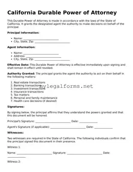 Durable Power of Attorney Document for California State