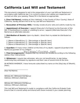 Last Will and Testament Document for California State