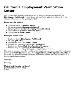 Employment Verification Document for California State