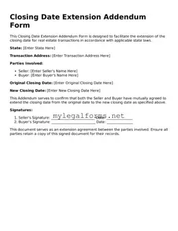 Attorney-Approved Closing Date Extension Addendum Form Form