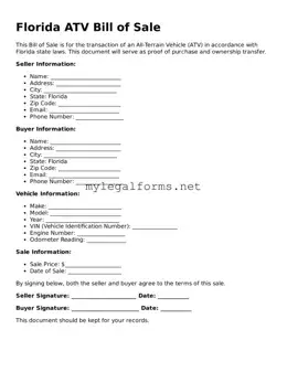 ATV Bill of Sale Document for Florida State