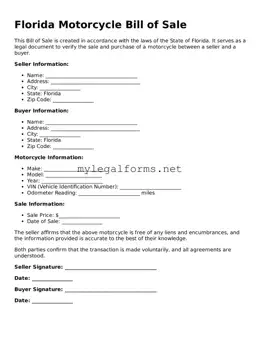 Motorcycle Bill of Sale Document for Florida State