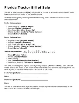 Tractor Bill of Sale Document for Florida State