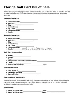 Golf Cart Bill of Sale Document for Florida State