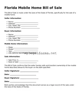 Mobile Home Bill of Sale Document for Florida State