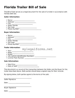 Trailer Bill of Sale Document for Florida State