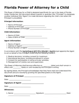 Power of Attorney for a Child Document for Florida State