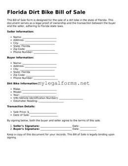 Dirt Bike Bill of Sale Document for Florida State