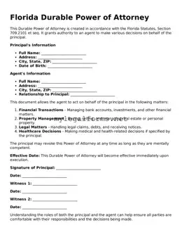 Durable Power of Attorney Document for Florida State