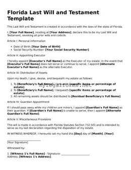 Last Will and Testament Document for Florida State
