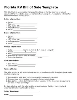 RV Bill of Sale Document for Florida State