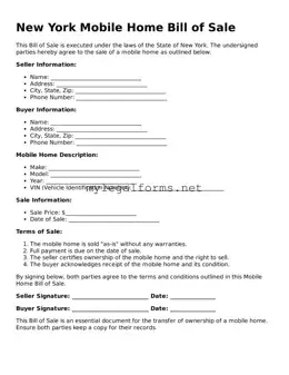 Mobile Home Bill of Sale Document for New York State