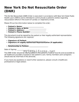 Do Not Resuscitate Order Document for New York State
