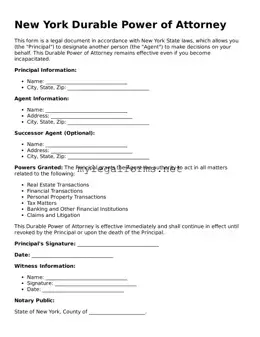 Durable Power of Attorney Document for New York State