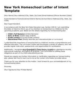 Homeschool Letter of Intent Document for New York State
