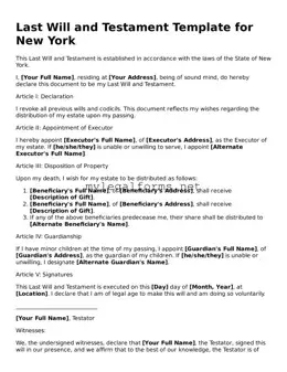 Last Will and Testament Document for New York State