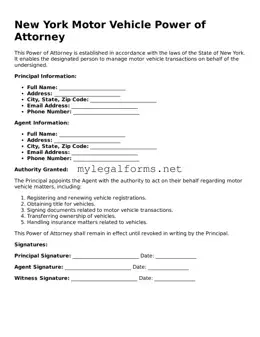 Motor Vehicle Power of Attorney Document for New York State
