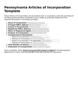 Articles of Incorporation Document for Pennsylvania State