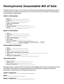 Snowmobile Bill of Sale Document for Pennsylvania State
