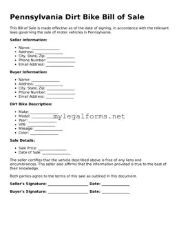 Dirt Bike Bill of Sale Document for Pennsylvania State