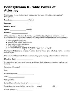 Durable Power of Attorney Document for Pennsylvania State