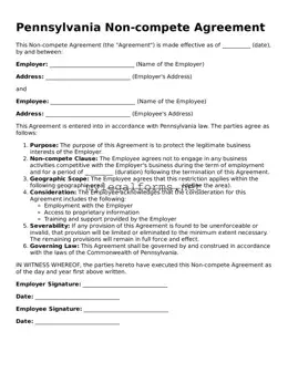 Non-compete Agreement Document for Pennsylvania State