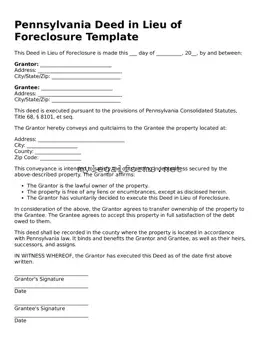 Deed in Lieu of Foreclosure Document for Pennsylvania State