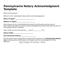 Notary Acknowledgement Document for Pennsylvania State