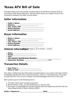 ATV Bill of Sale Document for Texas State
