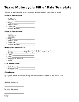 Motorcycle Bill of Sale Document for Texas State