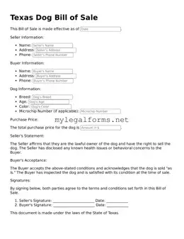 Dog Bill of Sale Document for Texas State