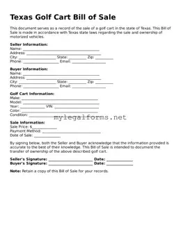 Golf Cart Bill of Sale Document for Texas State