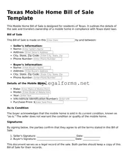 Mobile Home Bill of Sale Document for Texas State