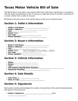 Motor Vehicle Bill of Sale Document for Texas State