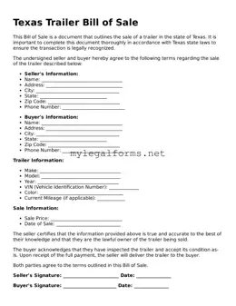 Trailer Bill of Sale Document for Texas State
