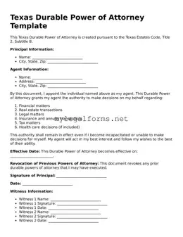 Durable Power of Attorney Document for Texas State