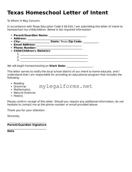 Homeschool Letter of Intent Document for Texas State