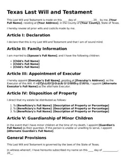 Last Will and Testament Document for Texas State