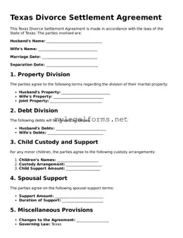 Divorce Settlement Agreement Document for Texas State