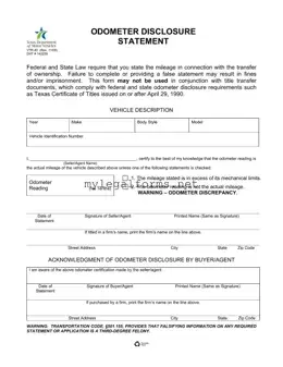 Texas Odometer Statement Template