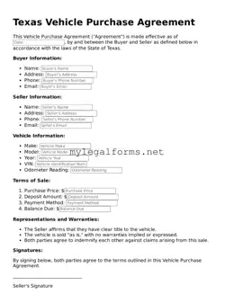 Vehicle Purchase Agreement Document for Texas State
