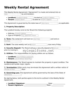 Attorney-Approved Weekly Rental Agreement Form