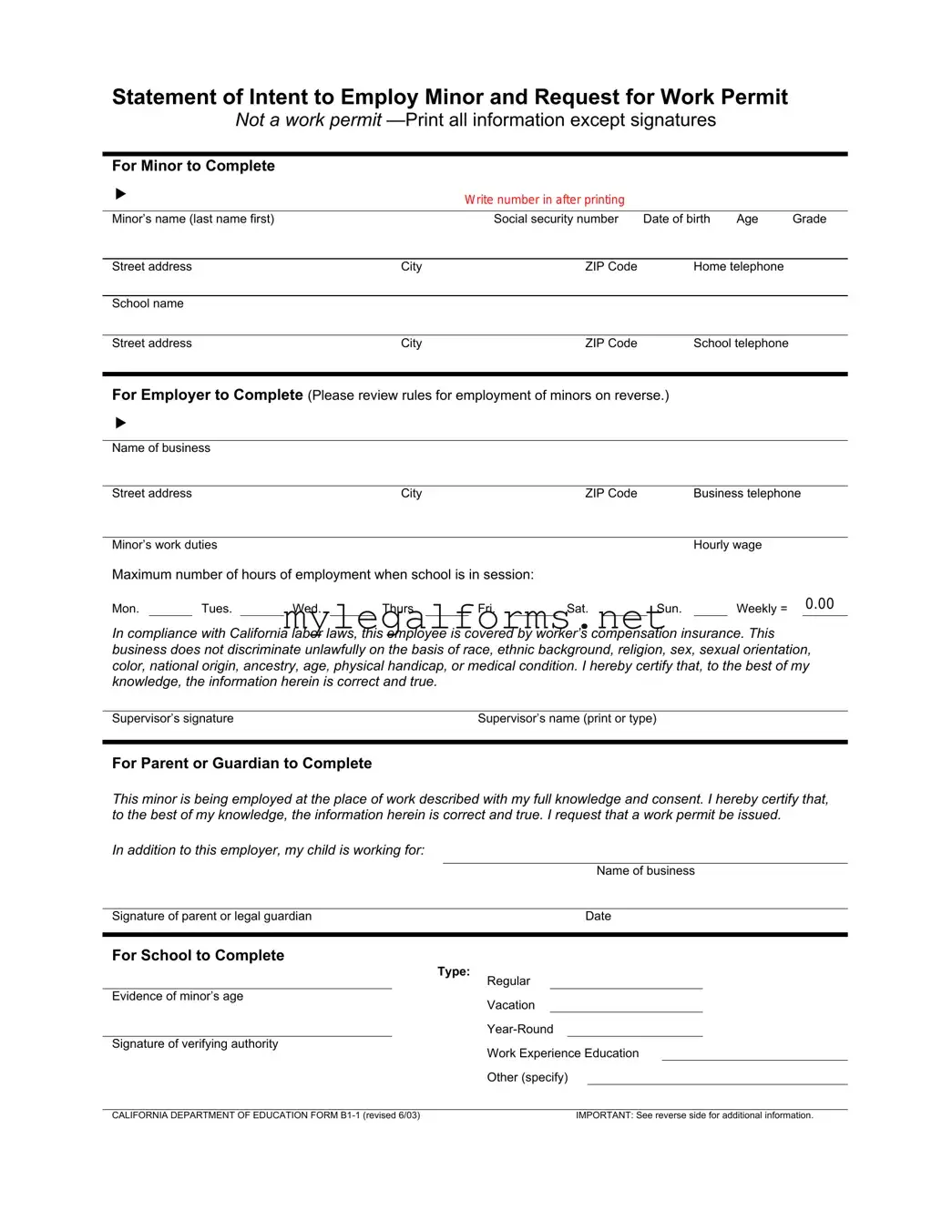 Statement of Intent to Employ Minor and Request for Work Permit Template