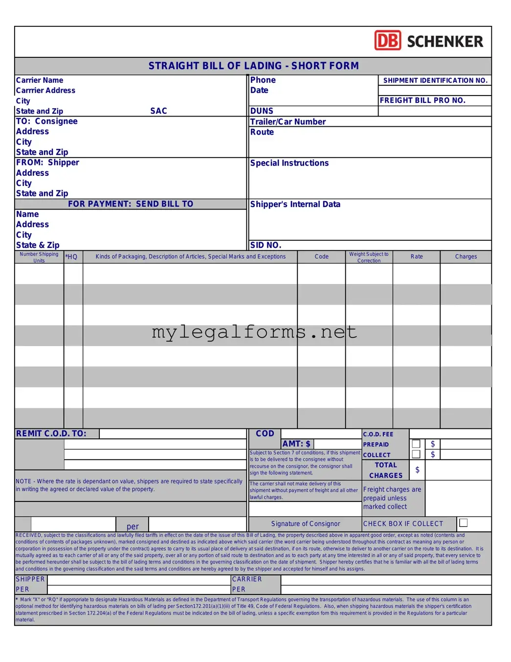 Straight Bill Of Lading Template