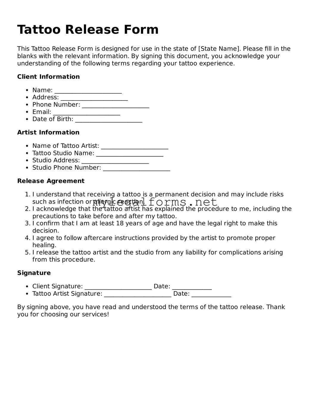 Attorney-Approved Tattoo Release Form